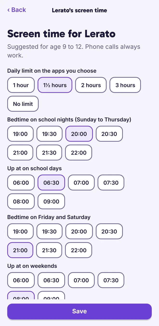 Screen time settings in ikhaya: a daily limit and bedtimes